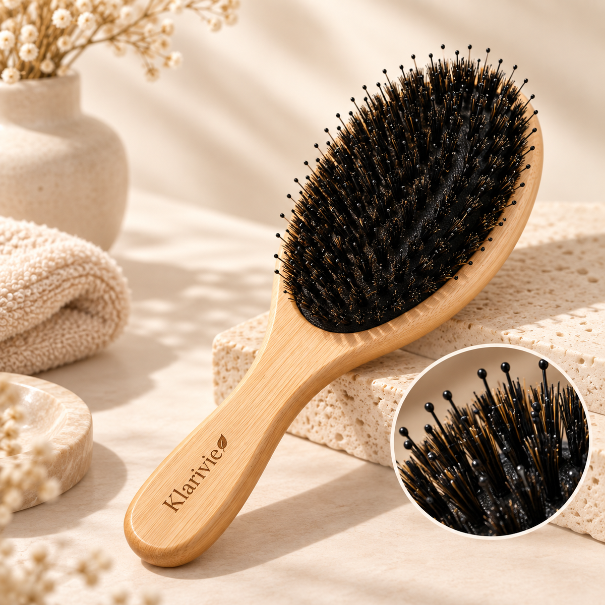 Klarivie Boar Bristle Hair Brush – Bamboo Handle